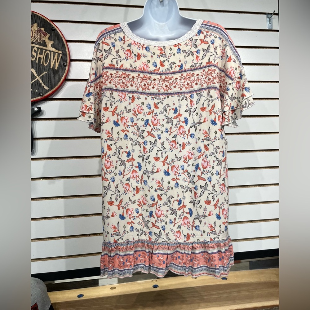 Boho Floral Tassel Tie Cream Blouse with Coral Trim - Picture 6 of 9